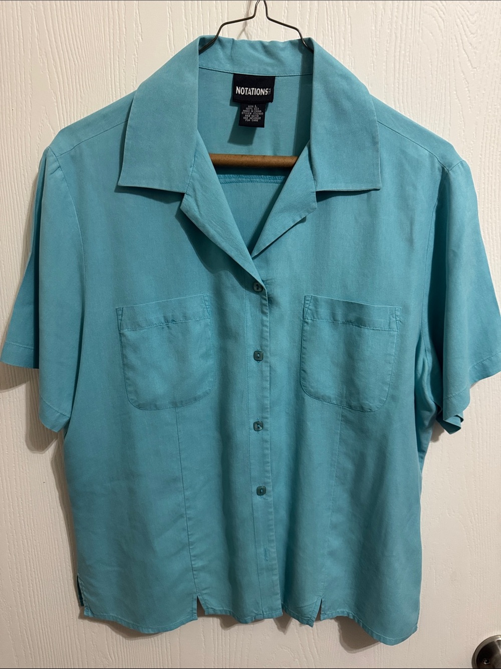 Notations Silk Button Up Turquoise Blue Short Sleeve Notched Collar Women’s Lrg - Picture 11 of 11